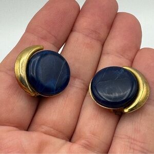 ✨ Vintage Clip On Earrings Gold Crescent & Blue Faux Stone Statement Retro 1”